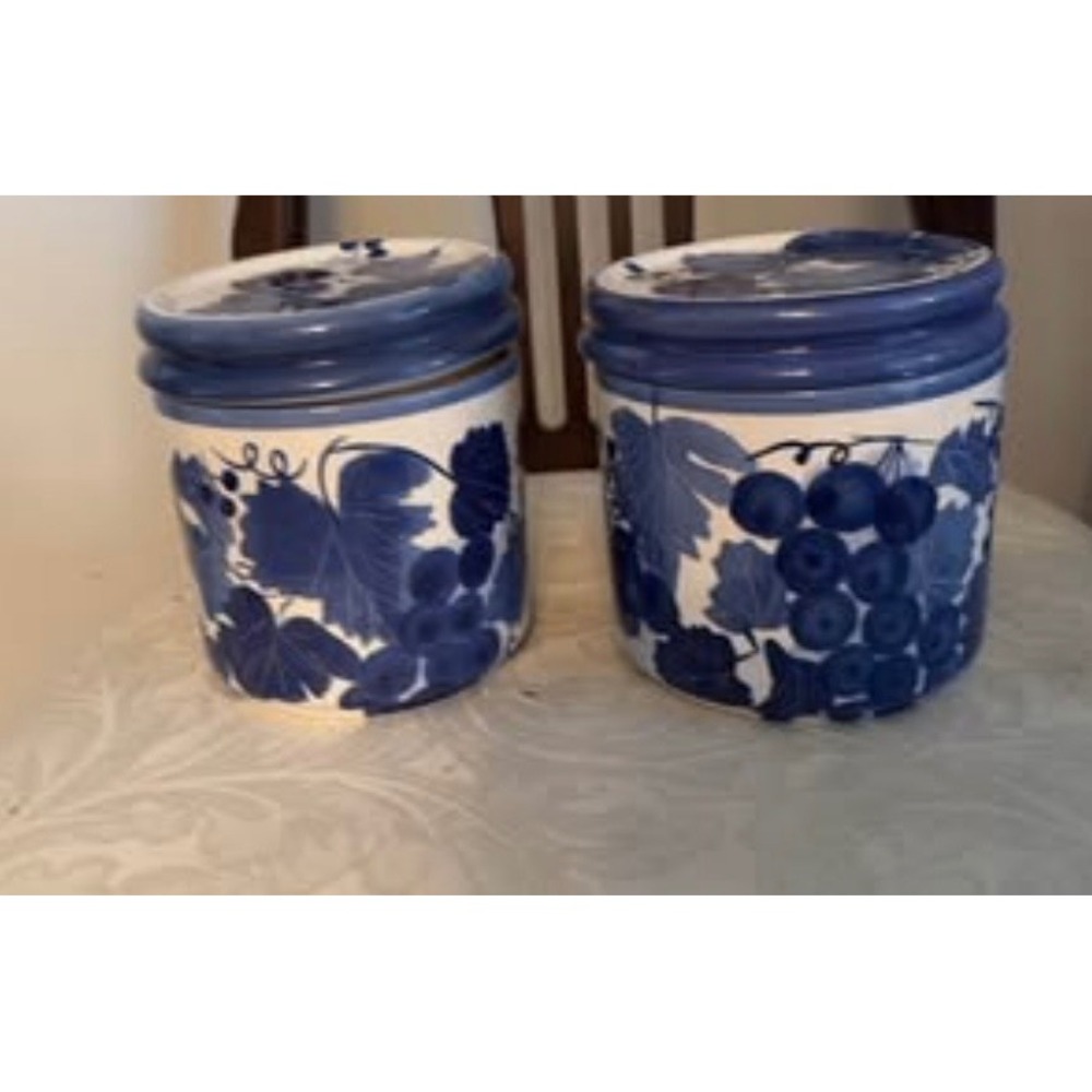 Blue White Ceramic Grape Canister Set of 2 Lidded Cottage Farmhouse Kitchen